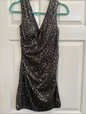 La Femme Charcoal Sequin V-Neck Mini Dress